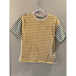 Zara Yellow Green Striped Crew Neck Pullover Cotton Short Sleeve Shirt Size S